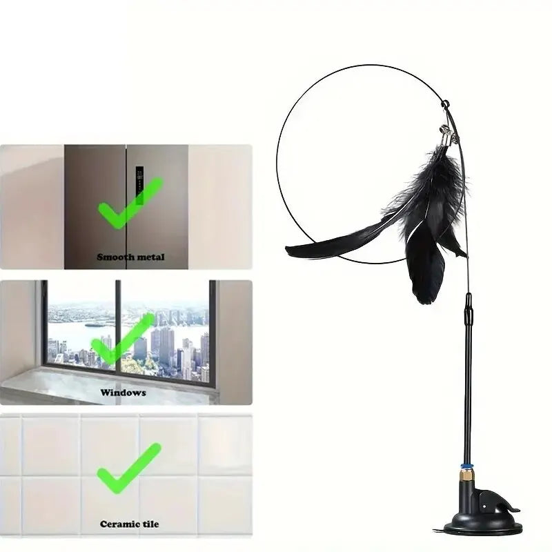 Interactive Cat Teaser Toy with Bell & Feather Wand, Long Suction Cup Pole for Playtime