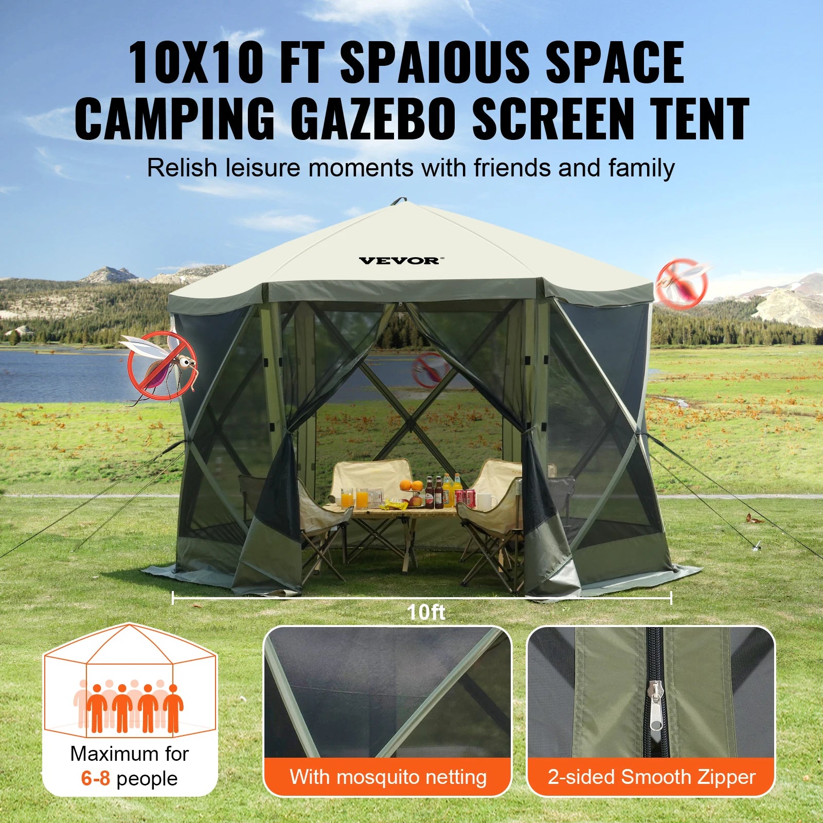 Pop-Up Gazebo Tent - Multi-Sided Screen Canopy Sun Shelter with Removable Privacy Wind Cloths and Mesh Windows