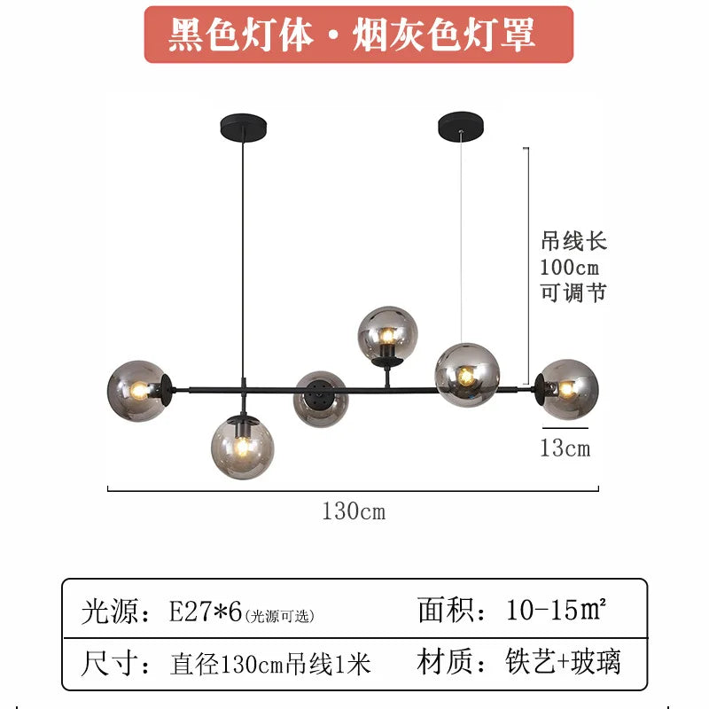 Modern Globe Linear Chandelier 6-Light Milk Glass Pendant Fixture Mid-Century Sputnik Island Lighting
