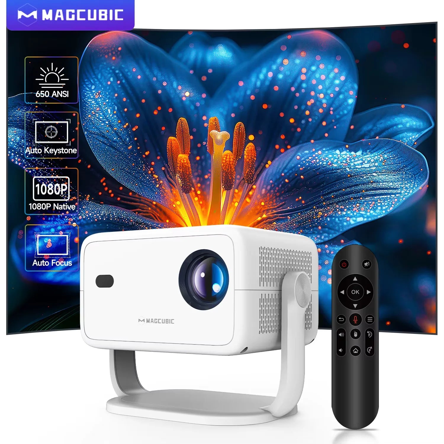 Magcubic L018 Projector 650 ANSI 8K Native 1080P Auto Focus & Keystone Correction Android 14 BT5.4 WiFi6 360° Portable Home Cinema