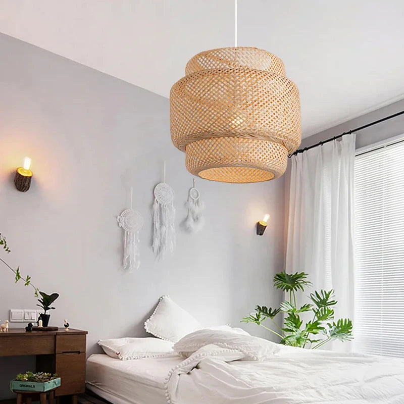 Modern Hand Woven Bamboo Pendant Light Art Chandelier Lantern for Dining Room and Bedroom