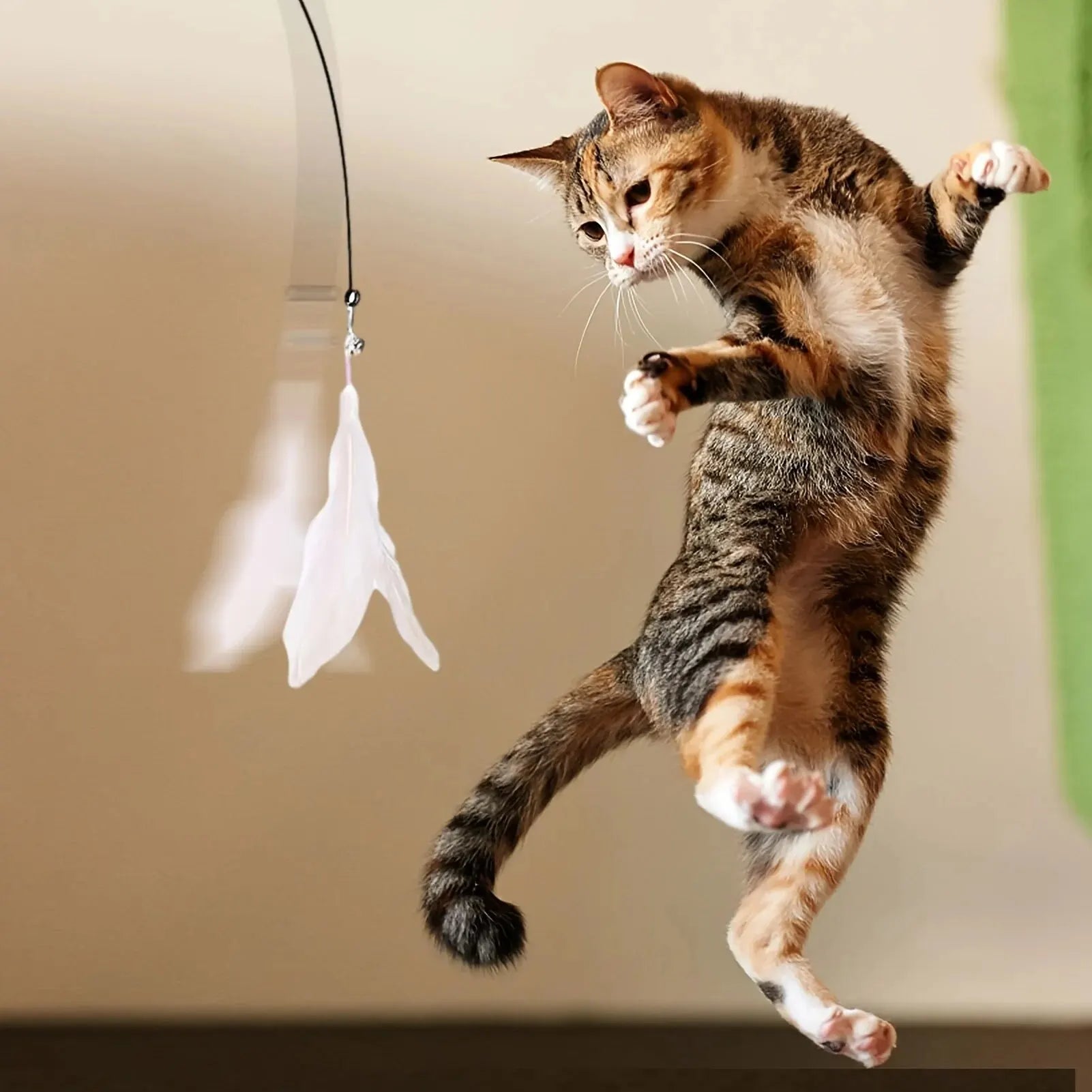 Interactive Cat Teaser Toy with Bell & Feather Wand, Long Suction Cup Pole for Playtime