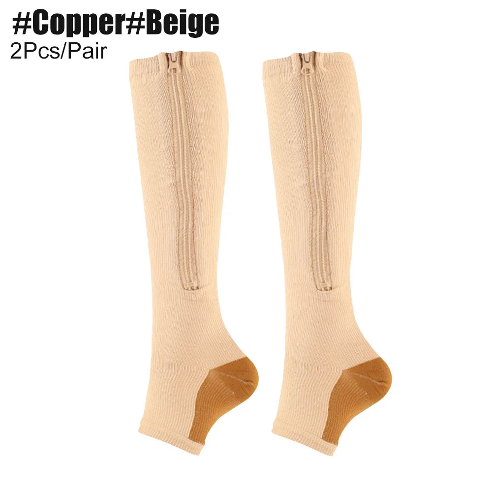 Zipper Compression Socks for Women and Men - Calf Knee High 15-20mmHg Open Toe Compression Stockings for Walking