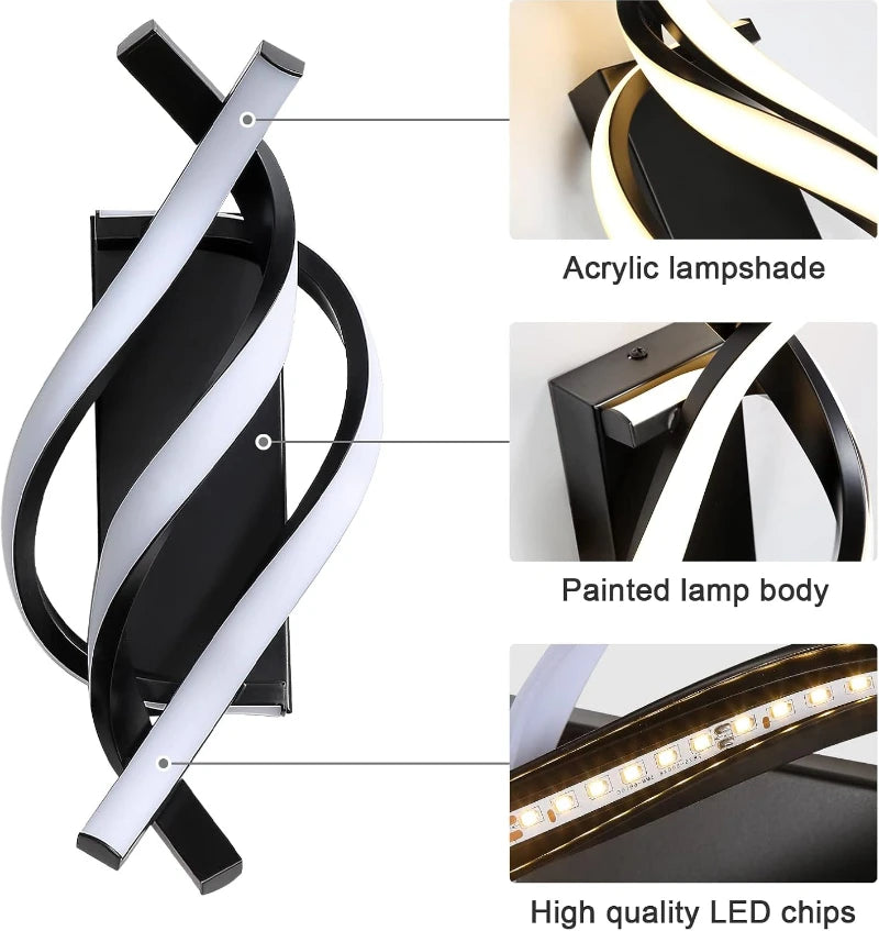 Curved Spiral Design LED Wall Lamp for Bedroom Bedside Corridor Staircase Living Room Home Decor
