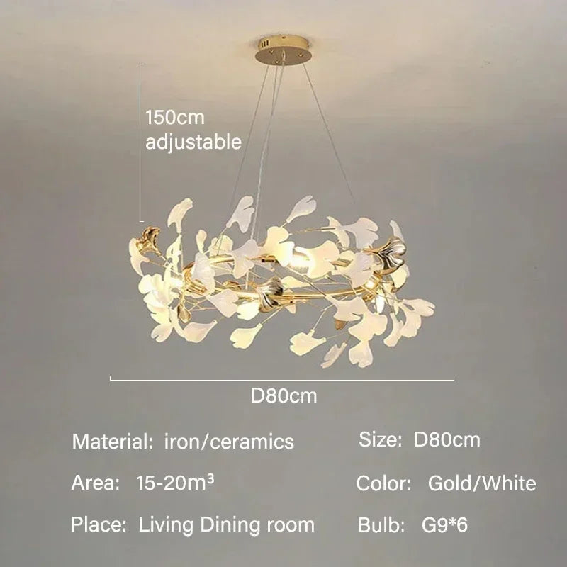Luxury Ginkgo LED Chandelier Lustre Pendant Light for Living Dining Room Hotel Bar Hanging Fixture Decor