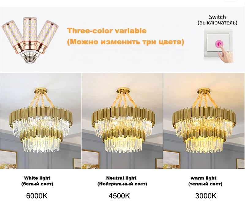 Luxury Modern Gold LED Chandelier K9 Crystal Tricolor Pendant Light for Interior Ceiling Dining & Living Room Bedroom