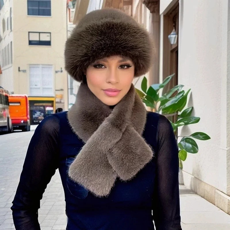 Luxury Faux Fur Hat & Scarf Set Warm Elegant Versatile Winter Wear for Cold Commute High-End Holiday Party
