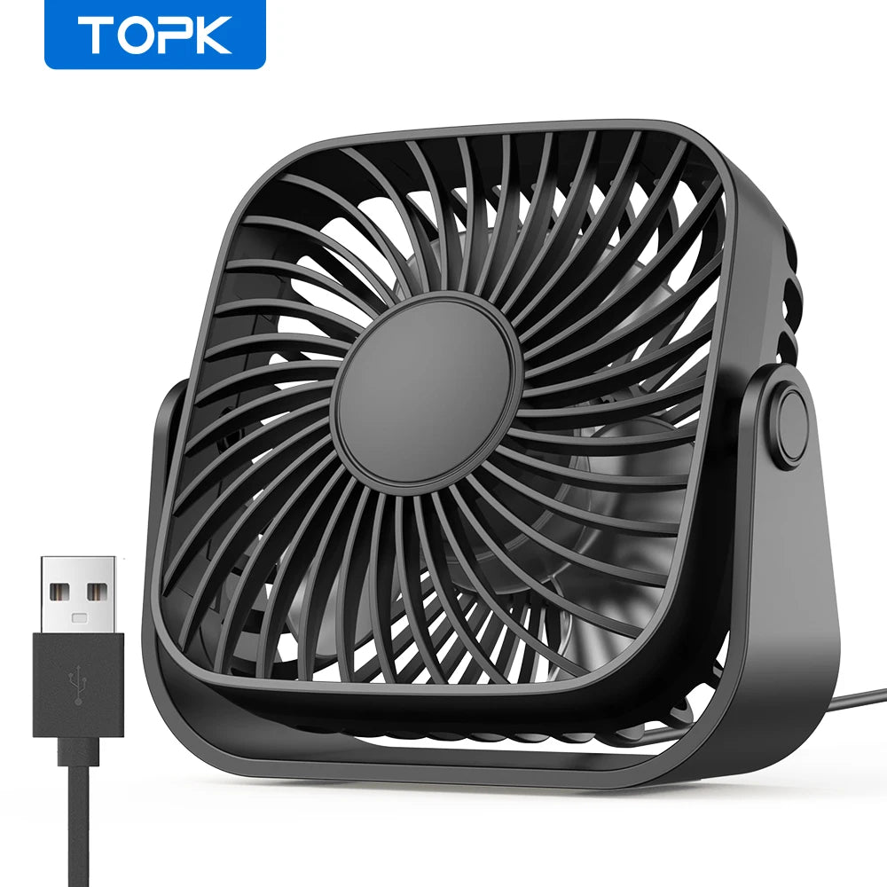 TOPK 4-Inch USB Mini Portable Fan for Camping - 3-Speed Quiet Desk Table Personal Fan with 360° Adjustment for Home