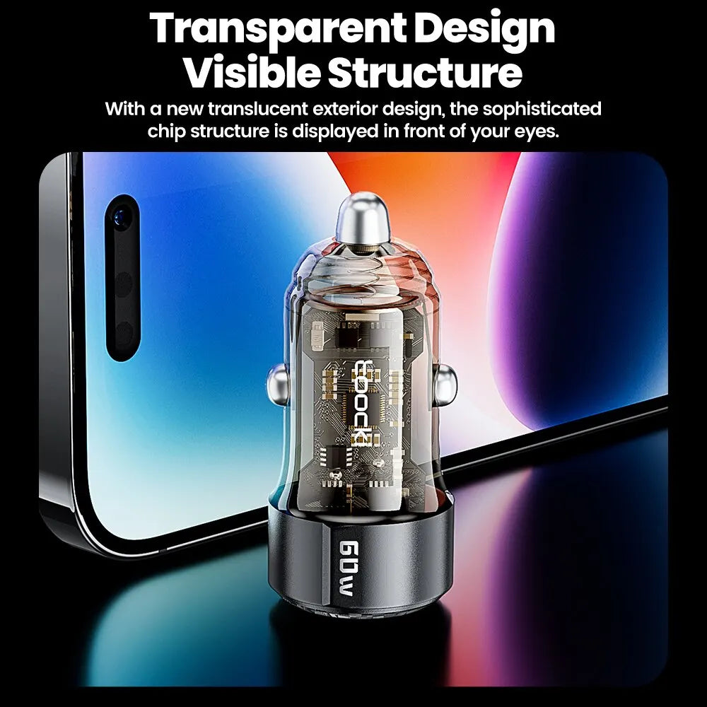 Toocki 60W Car Charger - Transparent PD 27W Fast Charger for iPhone 15/14/13/12, Xiaomi, Poco and Samsung
