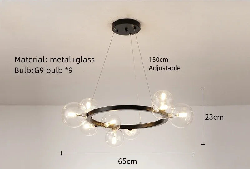Clear White Glass Ball Chandelier, Adjustable Cord Suspension Lamp for Parlor Dining Room Bedroom with G9 Bulb
