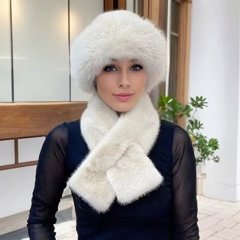 Luxury Faux Fur Hat & Scarf Set Warm Elegant Versatile Winter Wear for Cold Commute High-End Holiday Party