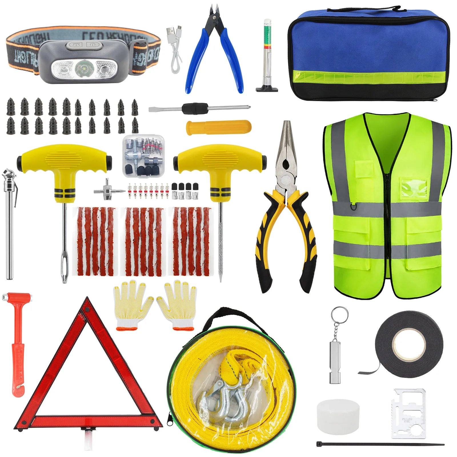 Car Emergency Roadside Assistance Kit - Jumper Cable, Tow Strap & First Aid Supplies for Motorists