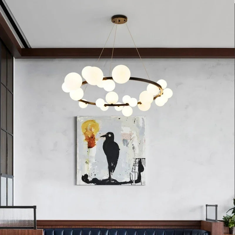 Clear White Glass Ball Chandelier, Adjustable Cord Suspension Lamp for Parlor Dining Room Bedroom with G9 Bulb