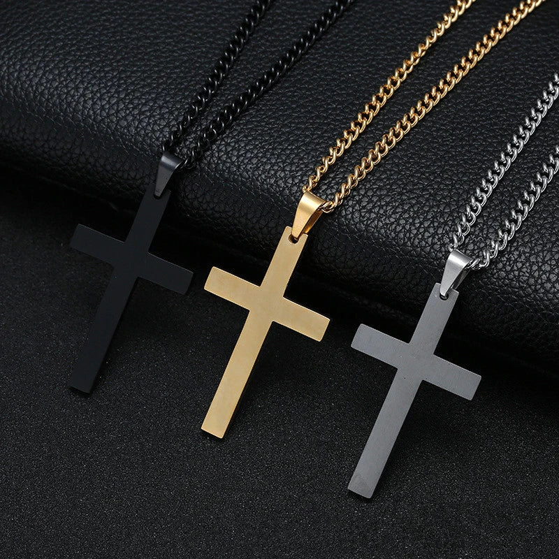 Stainless Steel Cross Pendant Necklace with Link Chain, Punk Hip Hop Jewelry Gift for Men & Women