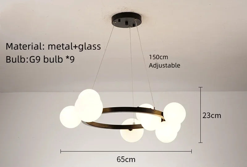 Clear White Glass Ball Chandelier, Adjustable Cord Suspension Lamp for Parlor Dining Room Bedroom with G9 Bulb