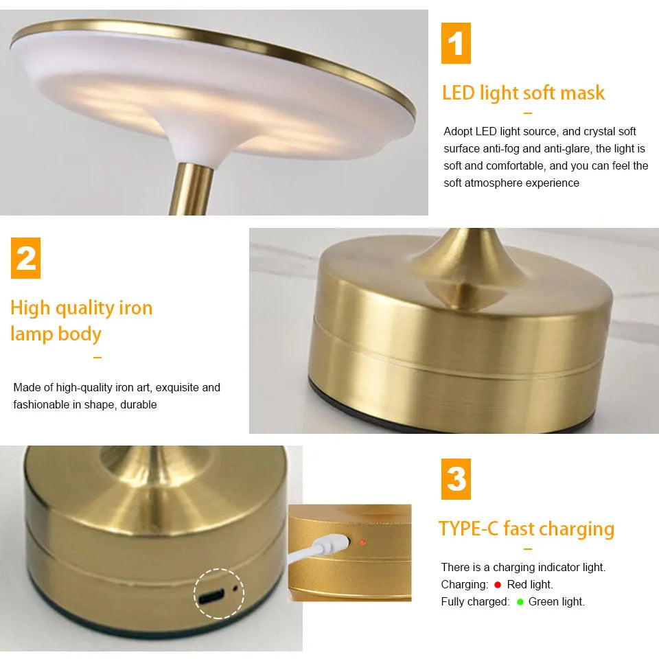 LED Table Lamp Touch Sensor USB Rechargeable Portable Night Light Wireless Reading Lamp for Bedroom Restaurant Hotel Bar
