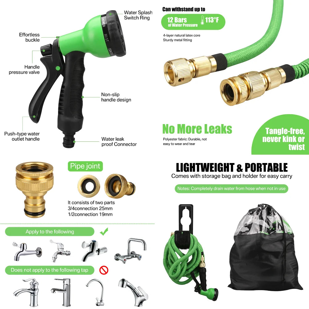 Expandable Garden Water Hose with Double Metal Connector, High Pressure PVC Magic Pipe for Irrigation & Car Wash