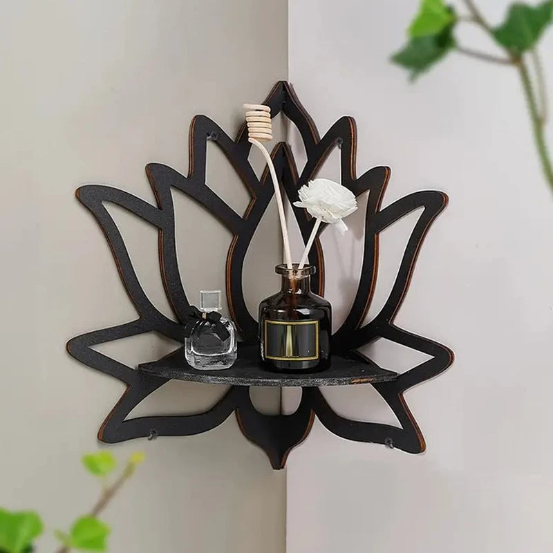 Wooden Lotus Hollow Decorative Rack - Wall Mounted Corner Shelf for Aromatherapy, Essential Oil and Candle Holder