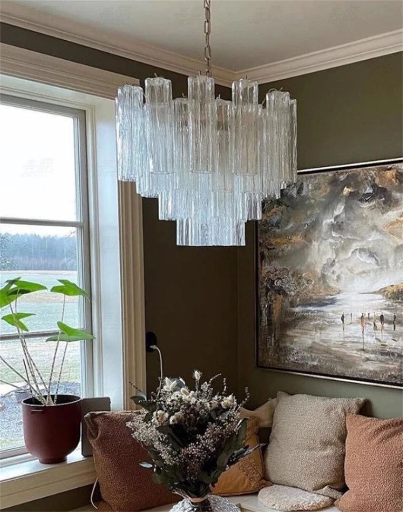 Art Deco Stained Glass Tube Chandelier for Dining Room Kitchen Island Lighting Home Decor Luxury Ceiling Pendant Lamp
