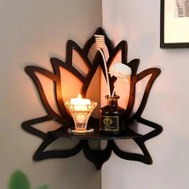 Wooden Lotus Hollow Decorative Rack - Wall Mounted Corner Shelf for Aromatherapy, Essential Oil and Candle Holder