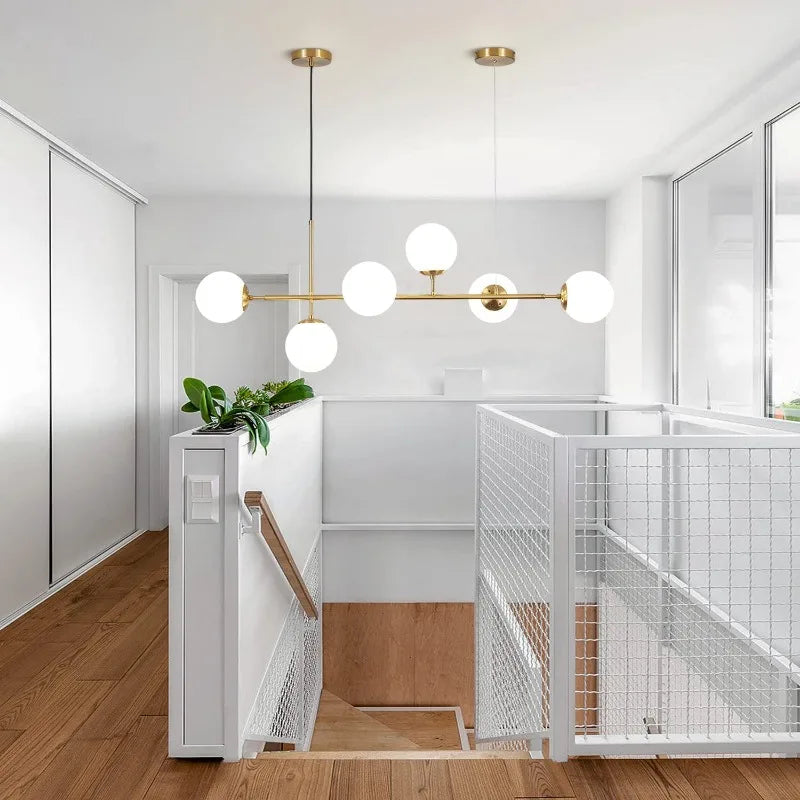 Modern Globe Linear Chandelier 6-Light Milk Glass Pendant Fixture Mid-Century Sputnik Island Lighting