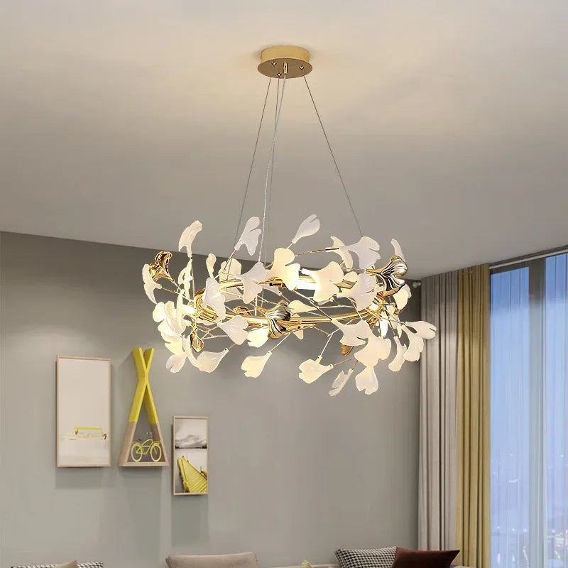Luxury Ginkgo LED Chandelier Lustre Pendant Light for Living Dining Room Hotel Bar Hanging Fixture Decor