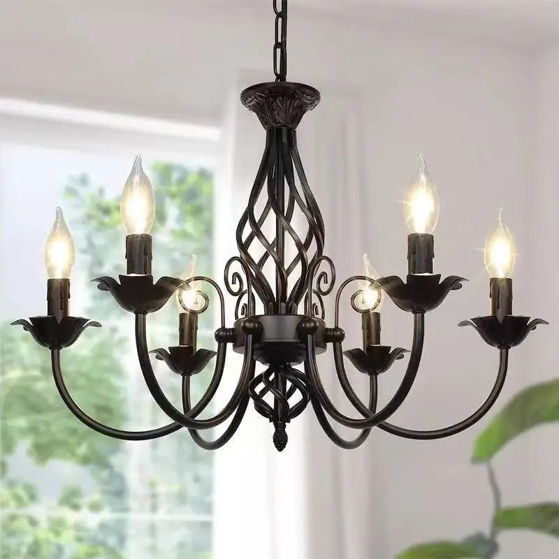 European Style Black Iron Chandelier, E14 Bulb LED Lamp, Indoor Restaurant Aisle Ceiling Lustre Lighting