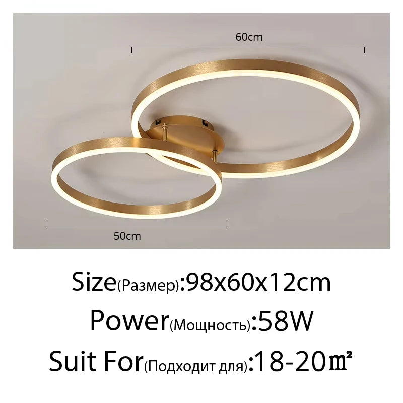 Household Gold LED Chandelier 3-Ring Metal Lamp for Bedroom Living & Dining Room Brown Glossy Indoor Home Lighting