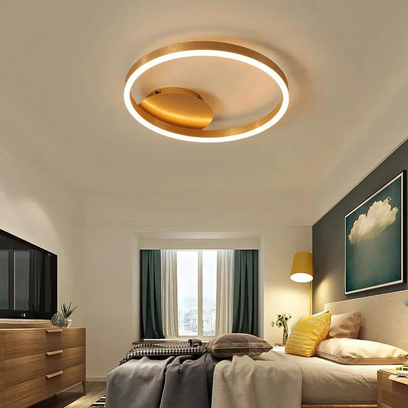 Household Gold LED Chandelier 3-Ring Metal Lamp for Bedroom Living & Dining Room Brown Glossy Indoor Home Lighting