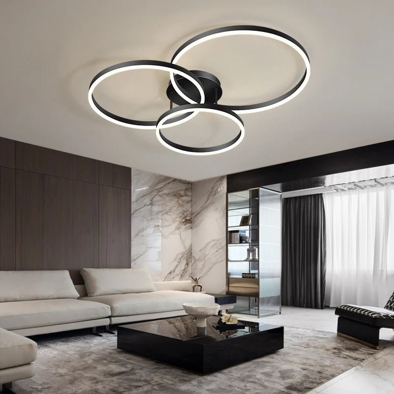 Household Gold LED Chandelier 3-Ring Metal Lamp for Bedroom Living & Dining Room Brown Glossy Indoor Home Lighting