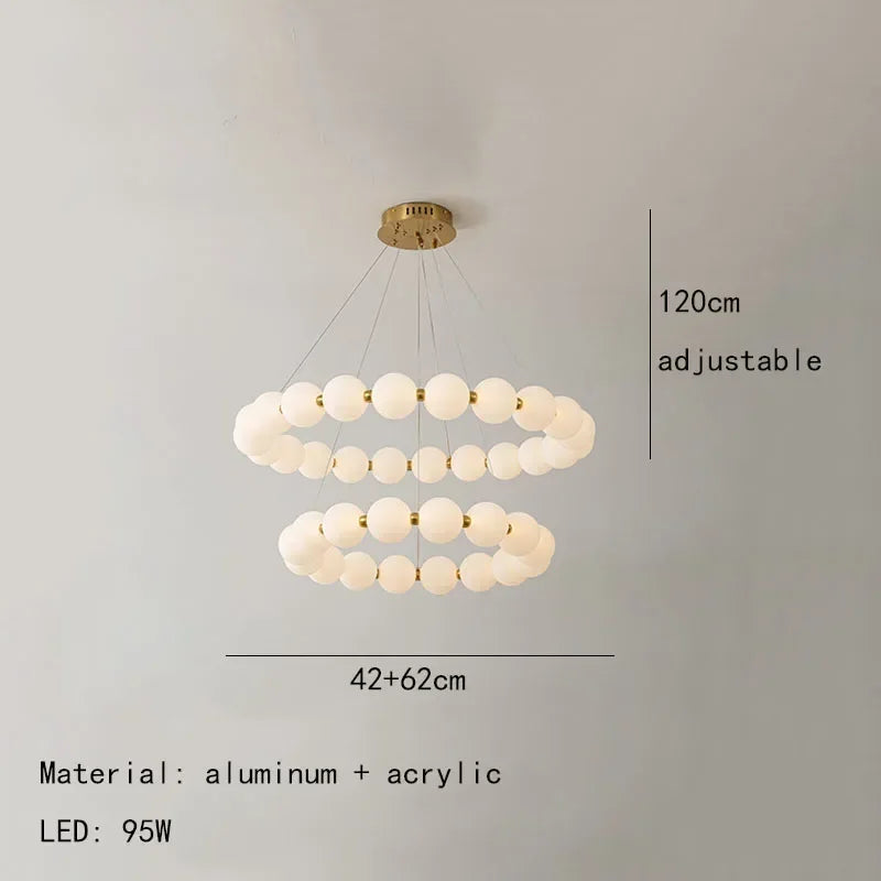 Nordic Modern Luxury LED Chandelier - Cream Pearl Circle Pendant Light for Living Room, Dining & Bar