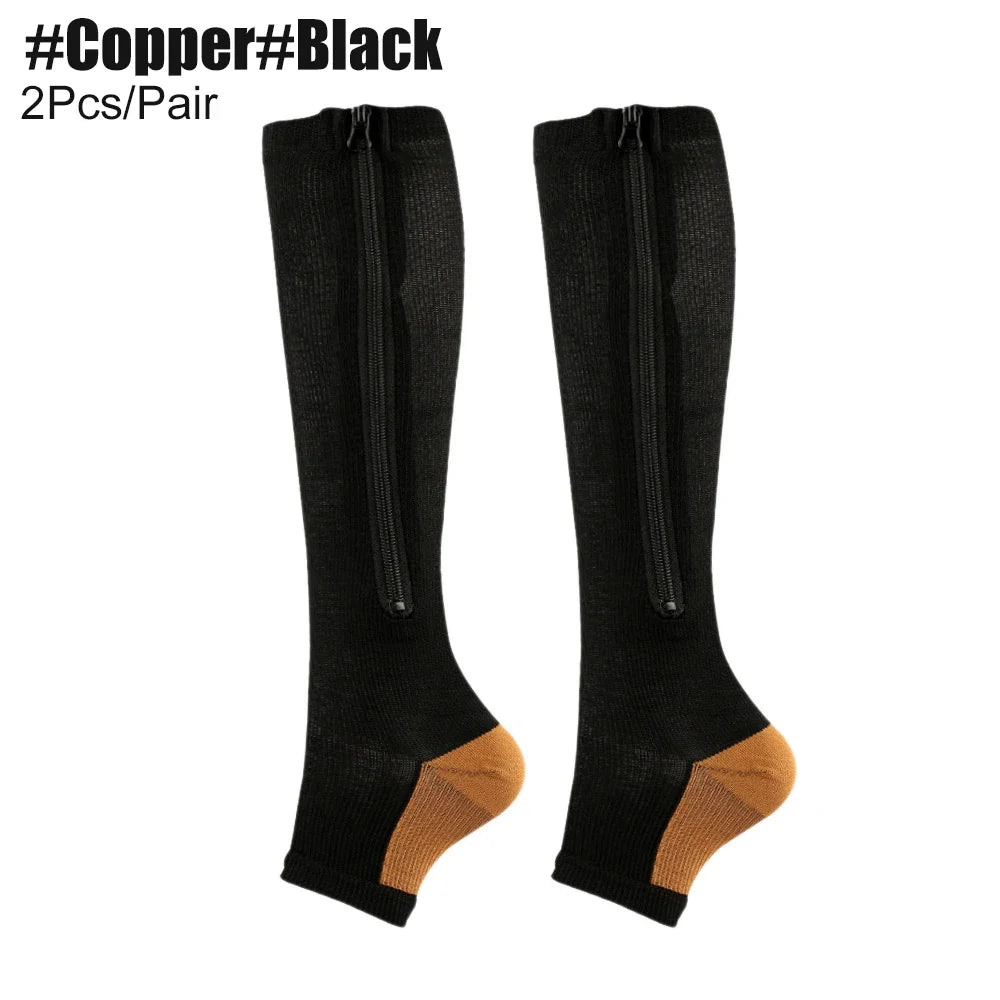 Zipper Compression Socks for Women and Men - Calf Knee High 15-20mmHg Open Toe Compression Stockings for Walking