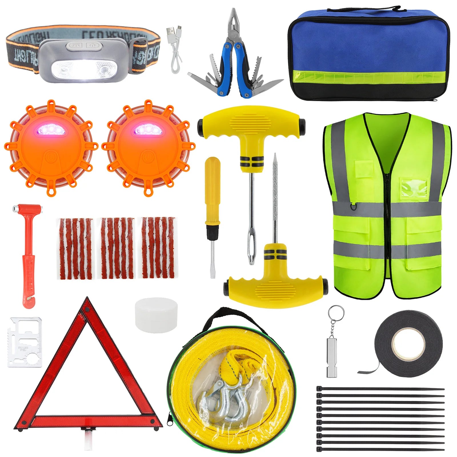 Car Emergency Roadside Assistance Kit - Jumper Cable, Tow Strap & First Aid Supplies for Motorists
