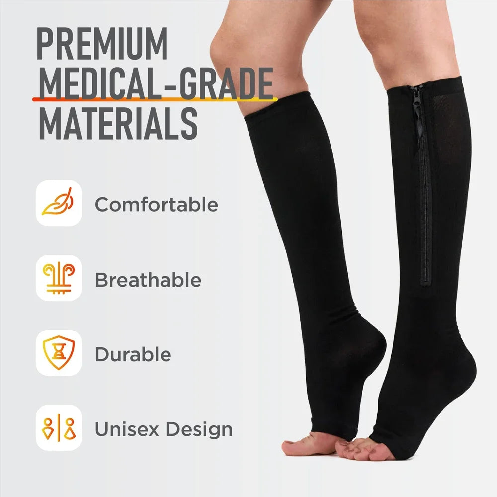 Zipper Compression Socks for Women and Men - Calf Knee High 15-20mmHg Open Toe Compression Stockings for Walking