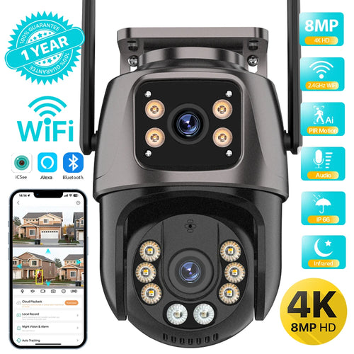 4K 8MP HD WiFi PTZ Camera Outdoor Dual Lens Dual Screen AI Auto Tracking IP CCTV Camera Audio Video Surveillance P2P iCSee