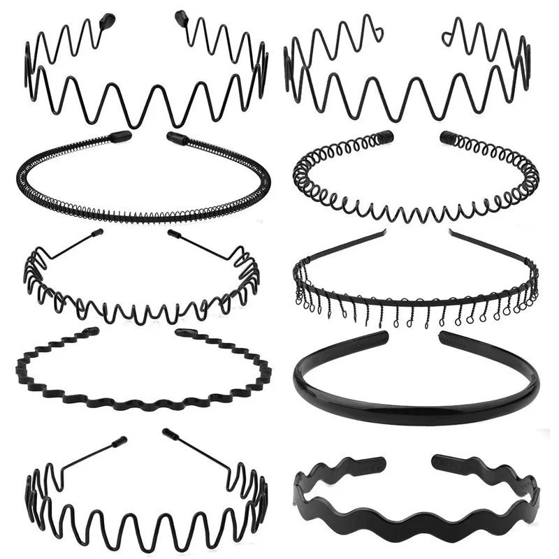 Unisex Black Metal Wavy Headband - Invisible Non-Slip Sports Hairband and Bangs Holder Hair Accessory