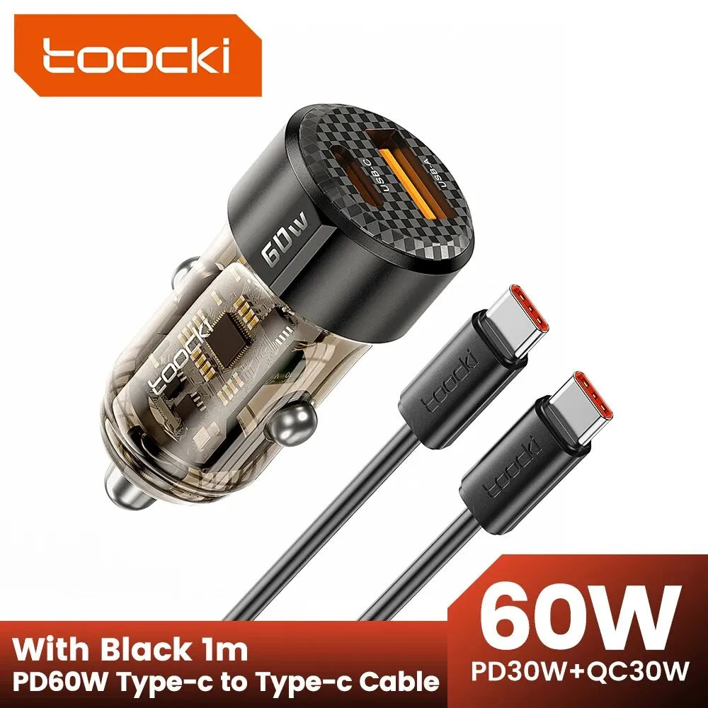 Toocki 60W Car Charger - Transparent PD 27W Fast Charger for iPhone 15/14/13/12, Xiaomi, Poco and Samsung