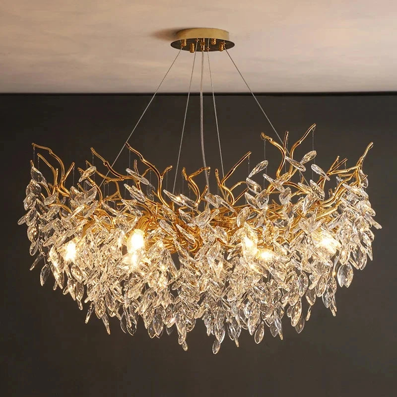 Luxury Gold Crystal LED Chandelier Lustre Ceiling Pendant Lamp for Living Dining Room Bedroom Villa Fixture