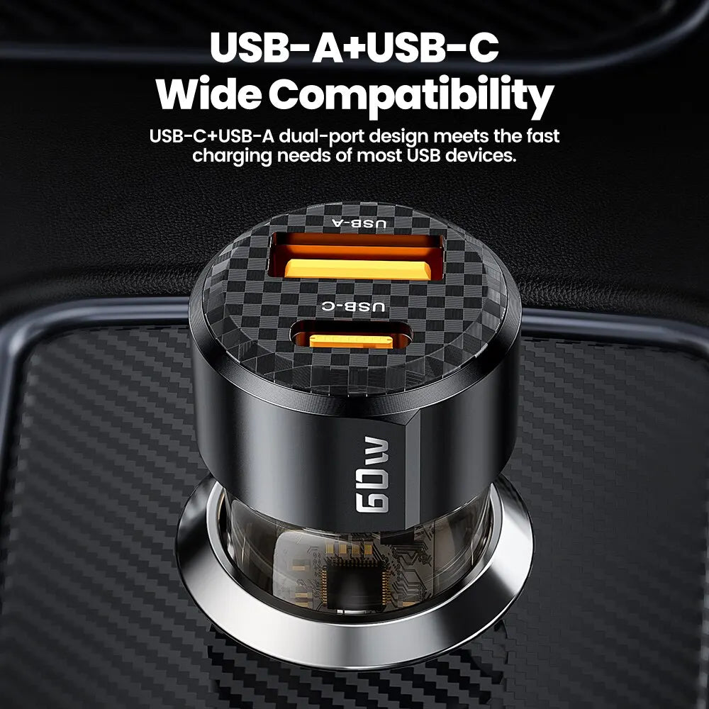 Toocki 60W Car Charger - Transparent PD 27W Fast Charger for iPhone 15/14/13/12, Xiaomi, Poco and Samsung