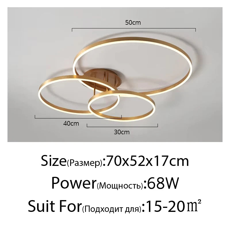 Household Gold LED Chandelier 3-Ring Metal Lamp for Bedroom Living & Dining Room Brown Glossy Indoor Home Lighting