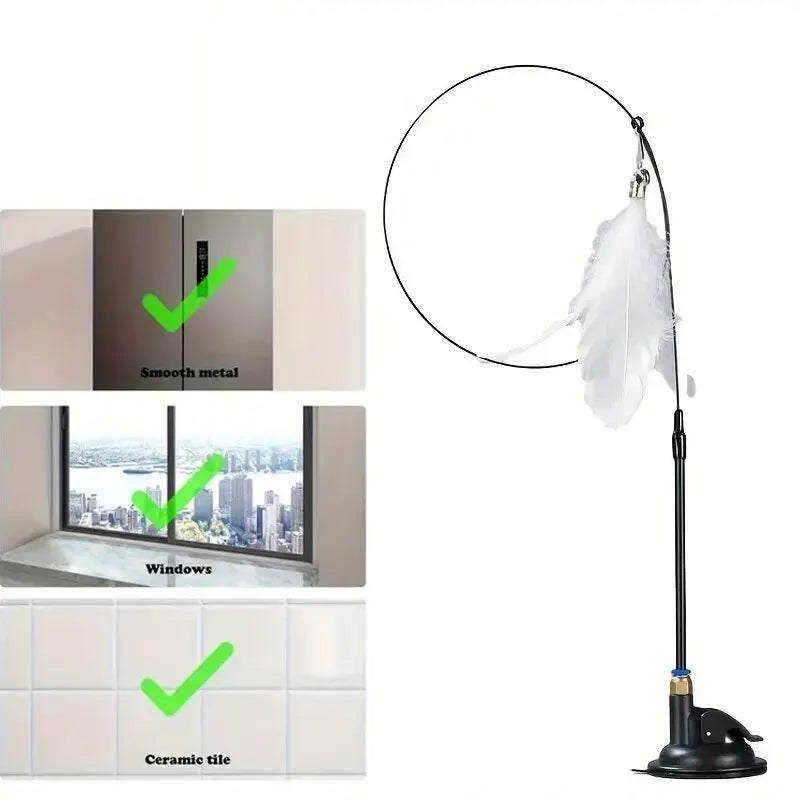 Interactive Cat Teaser Toy with Bell & Feather Wand, Long Suction Cup Pole for Playtime