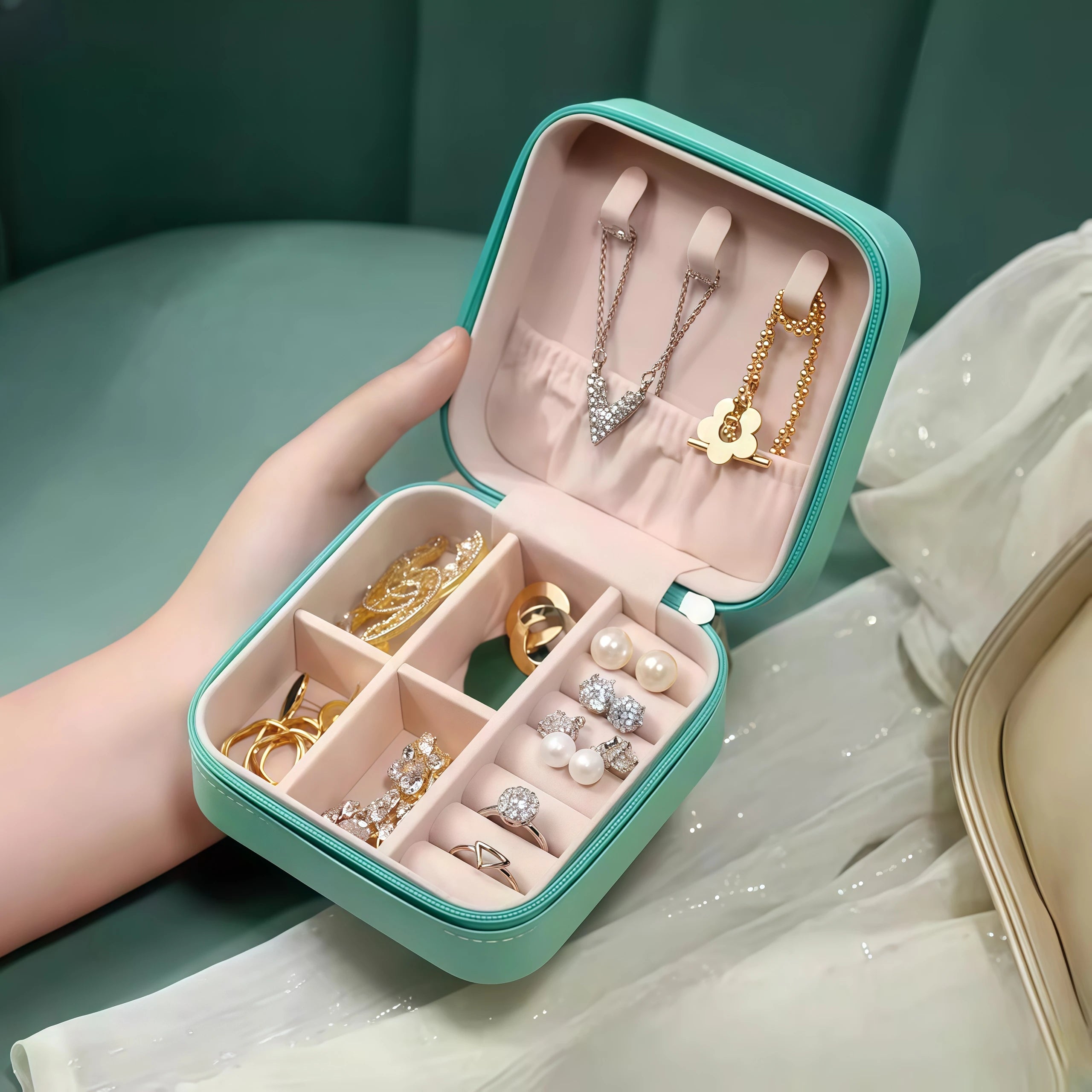 Portable Palm Jewelry Box - Zipper Flip Cover Ring and Earring Storage Box for Travel and Pearls