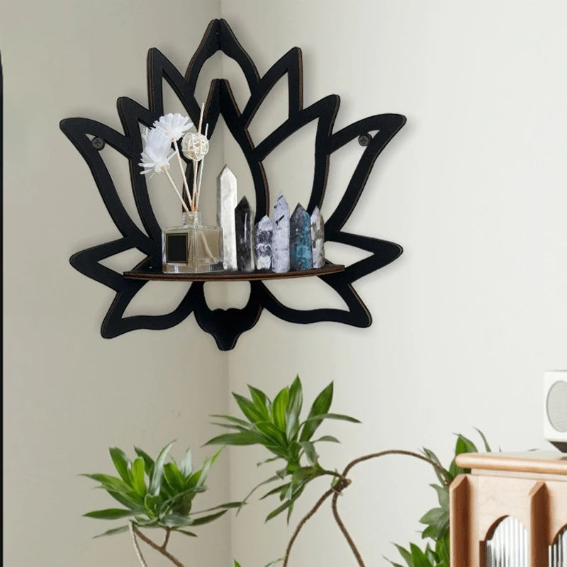 Wooden Lotus Hollow Decorative Rack - Wall Mounted Corner Shelf for Aromatherapy, Essential Oil and Candle Holder