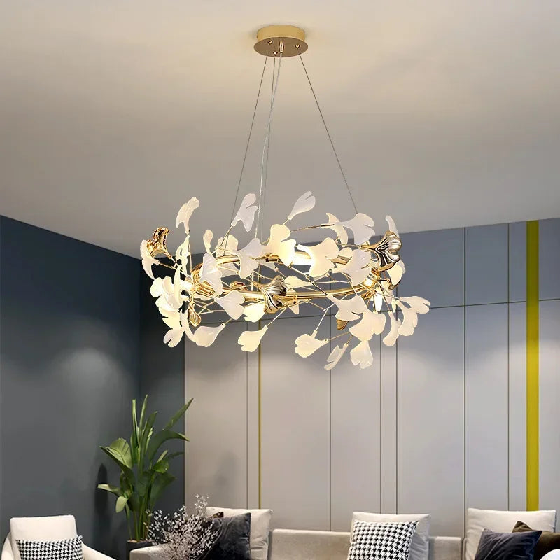 Luxury Ginkgo LED Chandelier Lustre Pendant Light for Living Dining Room Hotel Bar Hanging Fixture Decor
