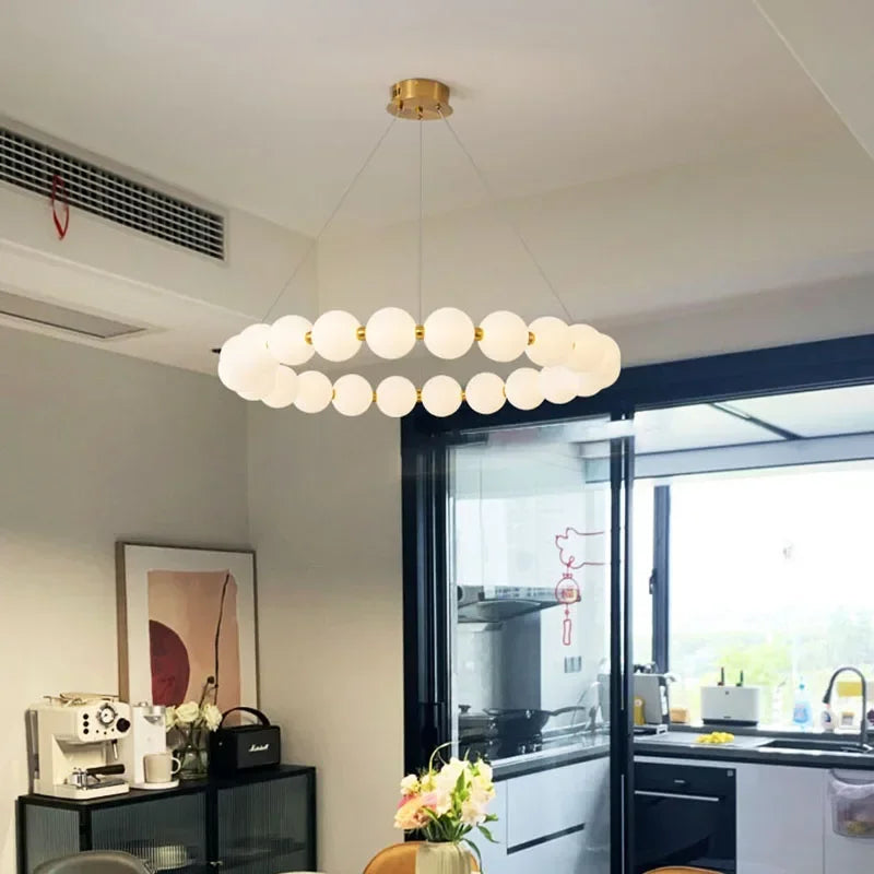 Nordic Modern Luxury LED Chandelier - Cream Pearl Circle Pendant Light for Living Room, Dining & Bar