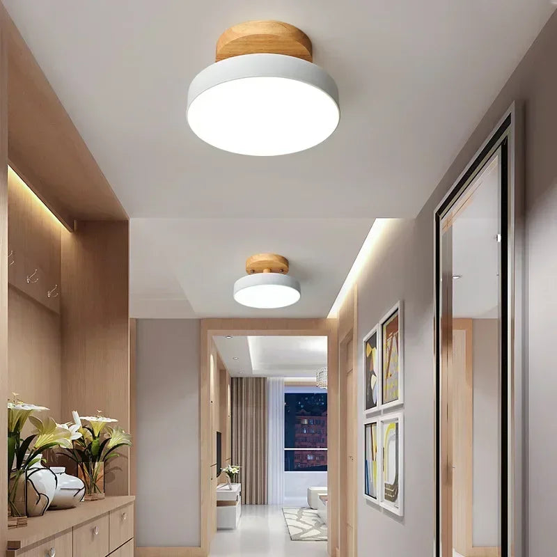 Nordic Industrial Round Wood Ceiling Lamp for Entrance, Hallway, Balcony, Cloakroom & Bedroom
