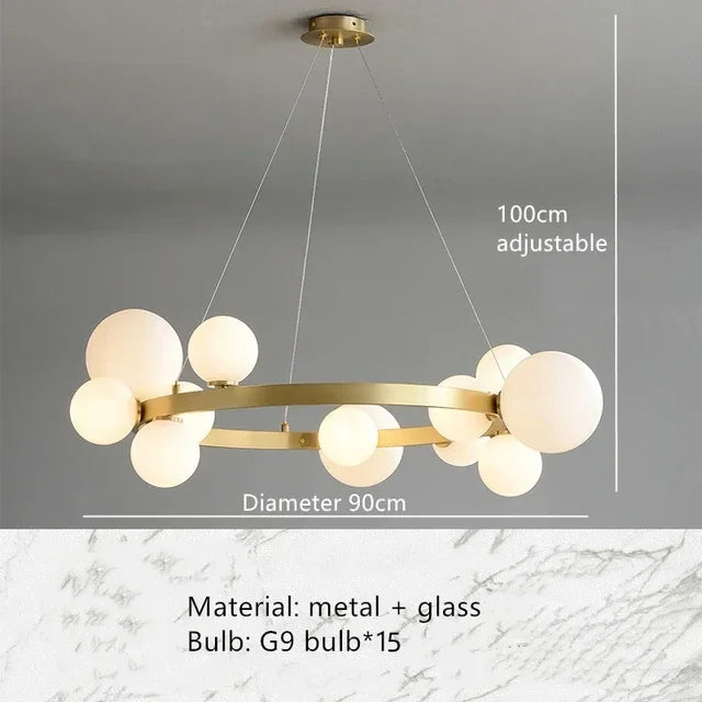 Clear White Glass Ball Chandelier, Adjustable Cord Suspension Lamp for Parlor Dining Room Bedroom with G9 Bulb
