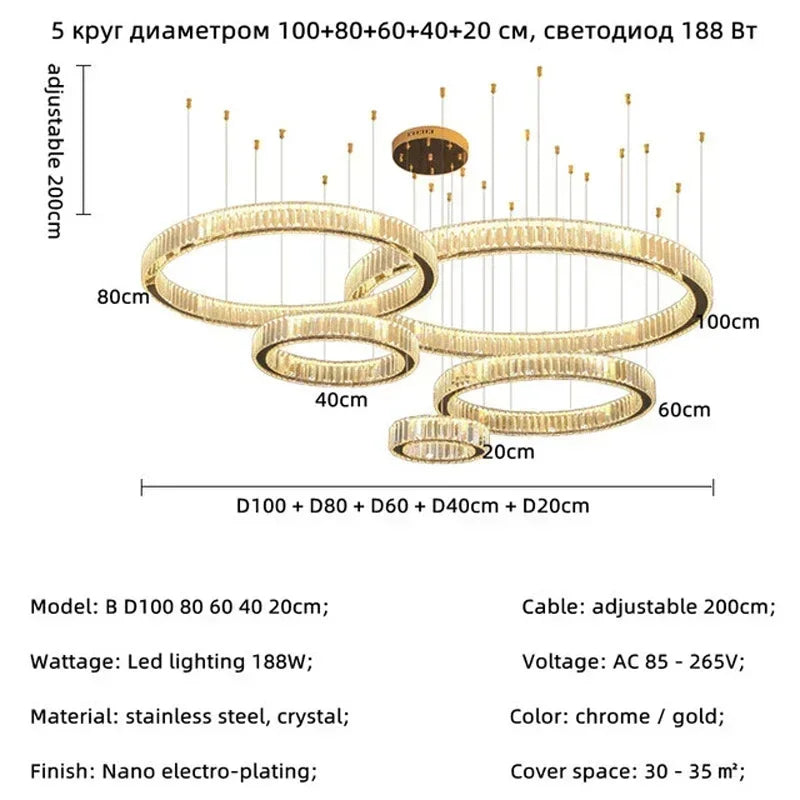 Modern Gold Luxury Crystal LED Dimmable Chandelier Pendant Lamp for Bedroom, Living Room, Hotel & Villa