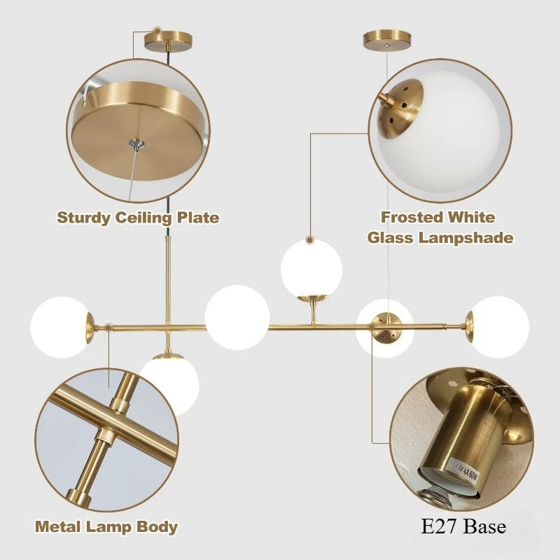 Modern Globe Linear Chandelier 6-Light Milk Glass Pendant Fixture Mid-Century Sputnik Island Lighting