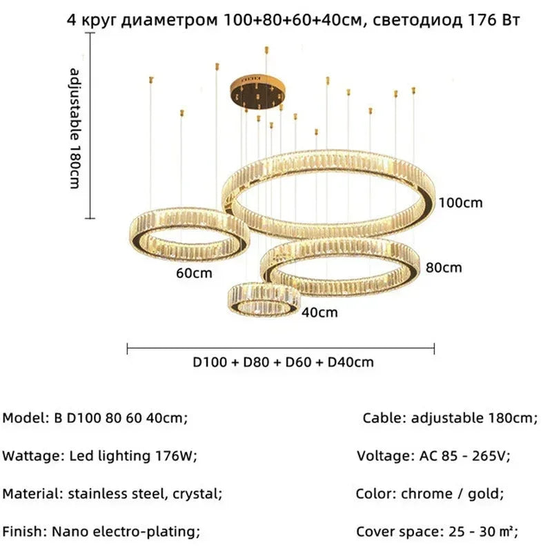 Modern Gold Luxury Crystal LED Dimmable Chandelier Pendant Lamp for Bedroom, Living Room, Hotel & Villa